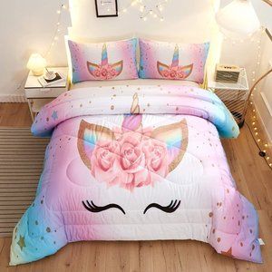Unicorn Bedding 3 Piece Flower Girl Comforter Sets,Cartoon Unicorn Bedspreads